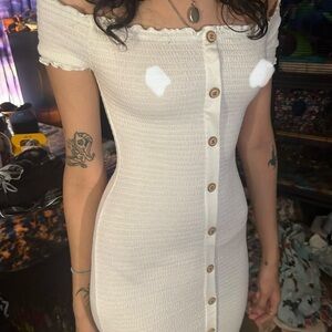 Chocolate White Off-Shoulder Button-Front Mini Dress